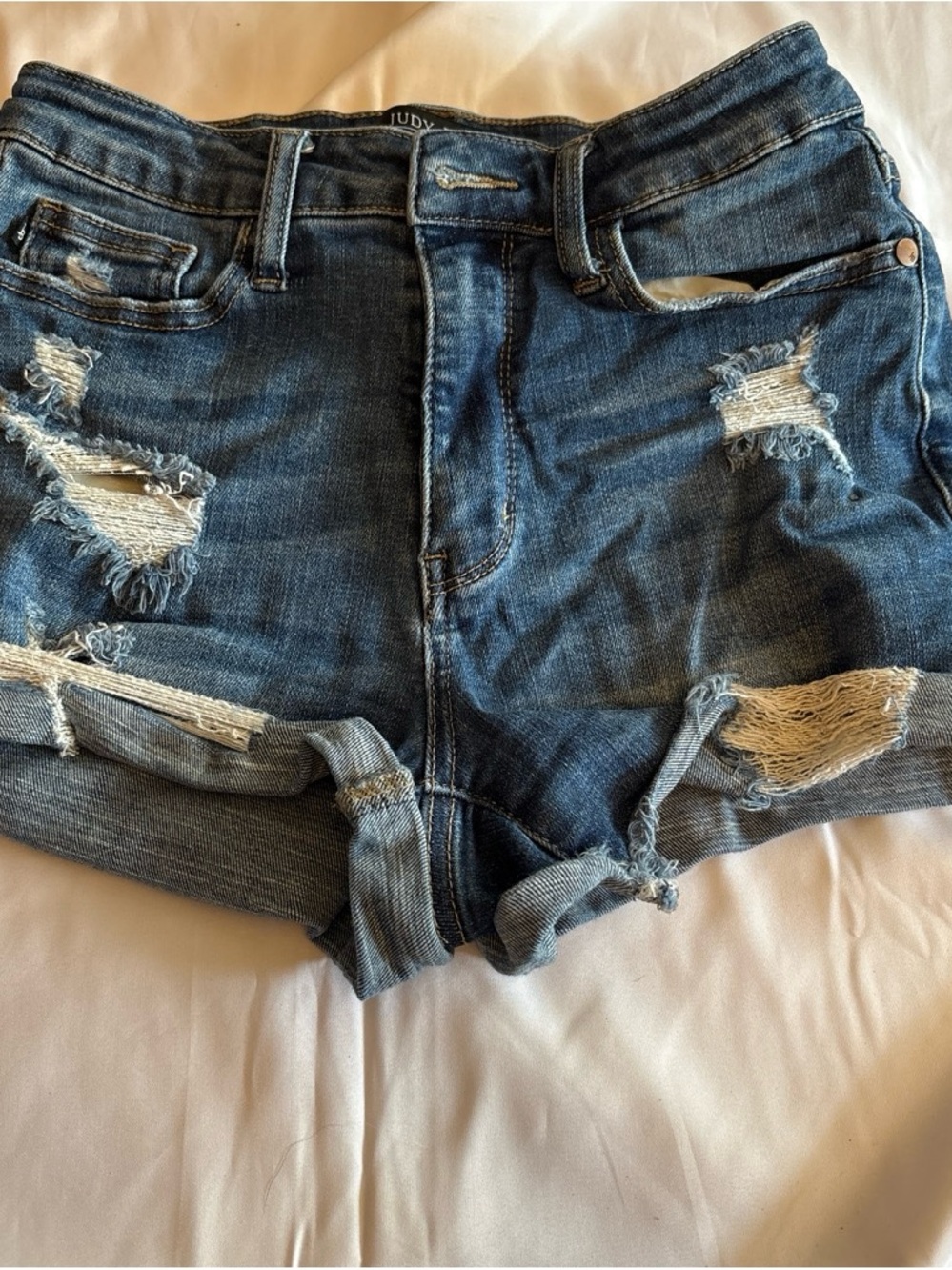 Judy Blue Medium Wash Distressed Rolled Hem Denim Shorts